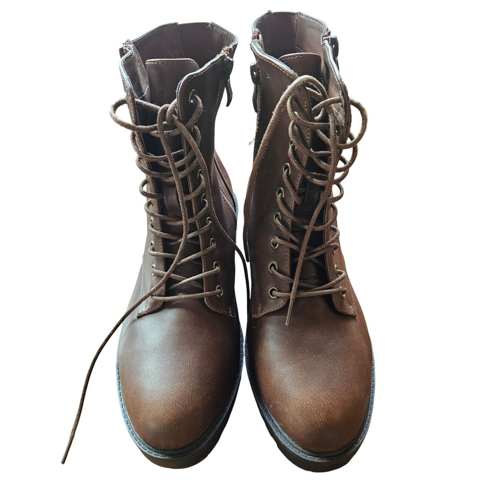 TORRID Brown Faux Leather Combat Boots Lace Up Side Zip Lug Sole Womens 8.5W